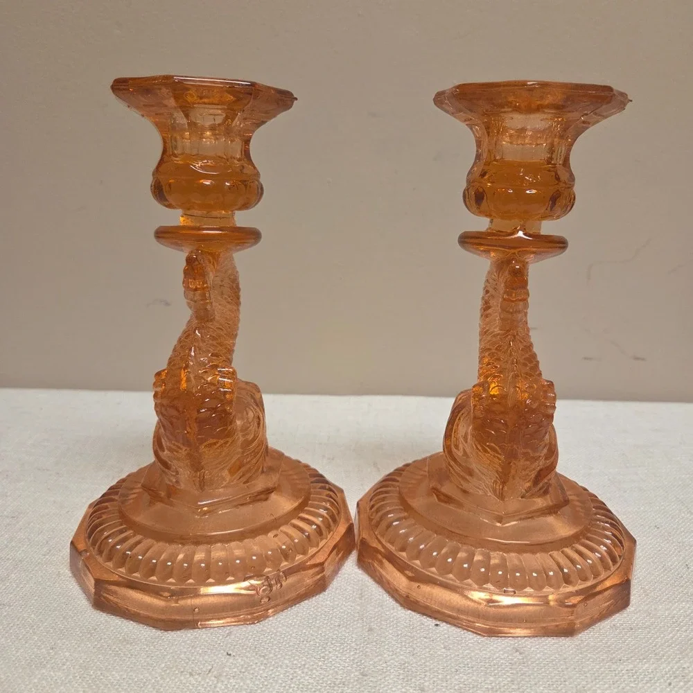 Vintage Pink Depression Glass Koi Fish Candlestick Holders Pair
